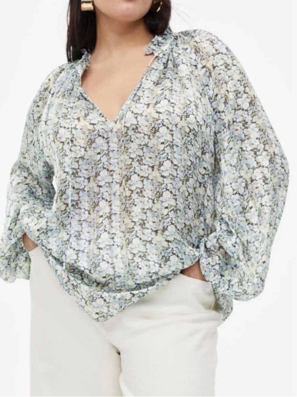 H&M floral print flowy tie neck ruffle trim silky blouson sleeve blouse